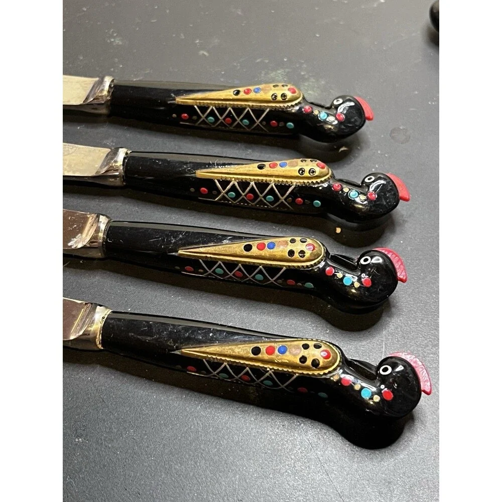Jezzine Haddad Fire Bird Phoenix Carved Horn & Brass 4 Knives 2 Forks Flatware